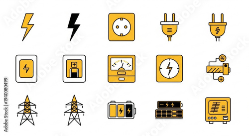 Electricity icons set with yellow and black symbols for energy power and electricity concepts