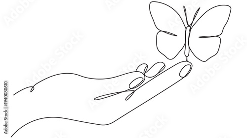 Butterfly resting on a hand, depicted in a simple, elegant single line drawing style on a white background.