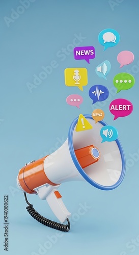 Vibrant megaphone announcing news and alerts with colorful speech bubbles