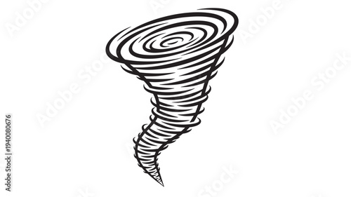 Tornado illustration with swirling black lines against a white background, symbolizing natural forces and severe weather.