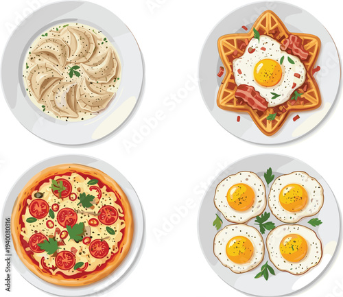 Top view vector illustration set of breakfast and dinner plates featuring fried eggs with bacon on waffles pepperoni pizza and dumplings isolated on white background