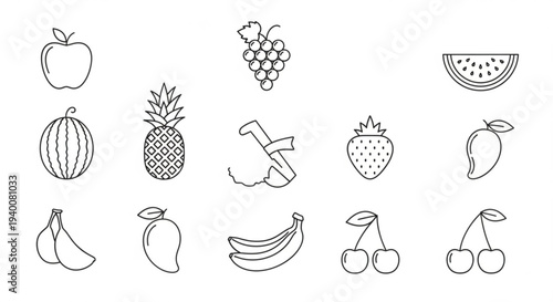 Assorted fruit icons including apple pineapple grapes watermelon melon pear strawberry peach banana cherry line drawings for healthy eating and nutrition concepts