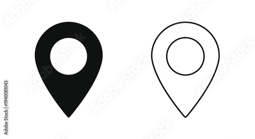 Two map marker icons a filled black version and a white outline