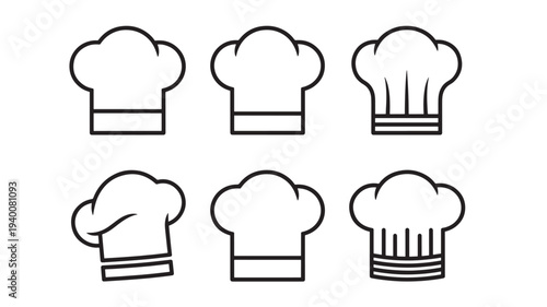 Chef hats collection with different outline styles and sizes for culinary professionals and restaurant themes on a white background.