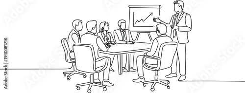 Business meeting line drawing, people conference table flip chart flat vector