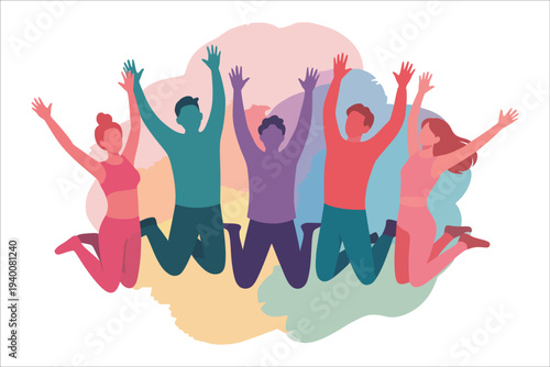 Diverse group of people jumping and celebrating together in colorful illustration