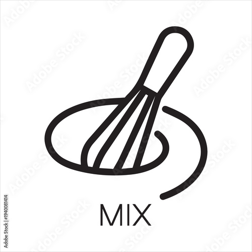 Line icon of whisk for mixing eggs, dough, sauce and other ingredients for cooking. Kitchen utensils outline label. Graphic pictograph on a gray background. Vector illustration