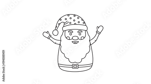 Santa Claus outline illustration with a polka dot hat and cheerful expression, waving with both hands happily.