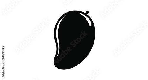A simple black silhouette of a ripe mango with a stem
