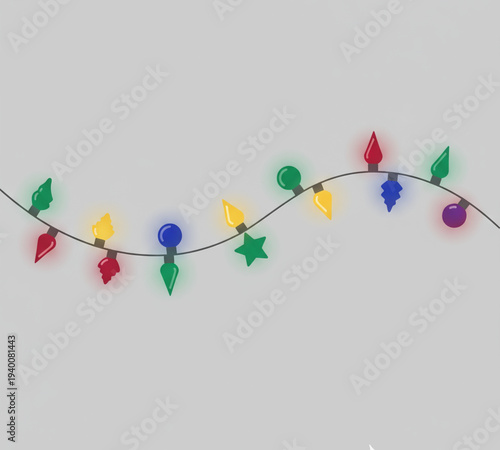 A string of colorful Christmas lights on a wire against a plain background