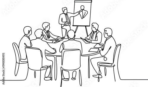 Business presentation line drawing, circular table team flip chart flat vector