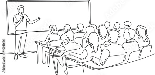 Classroom seminar line drawing, teacher audience presentation whiteboard flat vector