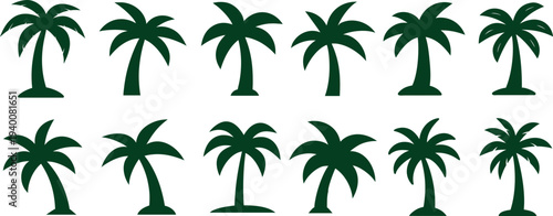 Collection of Dark Green Silhouette Palm Trees Isolated on White Background, Various Styles and Angles