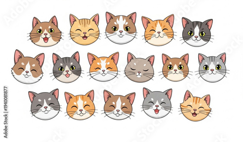 Adorable kitten portrait collection with cute cartoon cat faces of different breeds vector