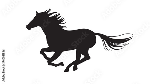 Horse silhouette with flowing mane and tail captured in a dynamic running pose on a pure white background