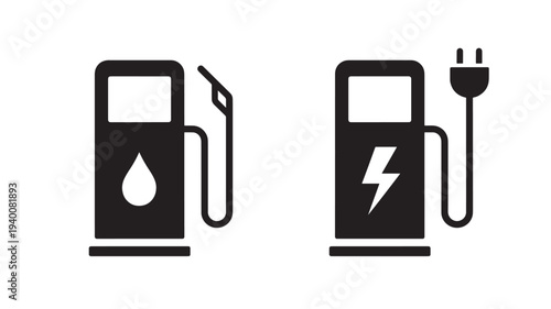 Gas station icon with fuel drop and electric charging station icon with lightning bolt and plug featuring symbol, energy, power with transportation
