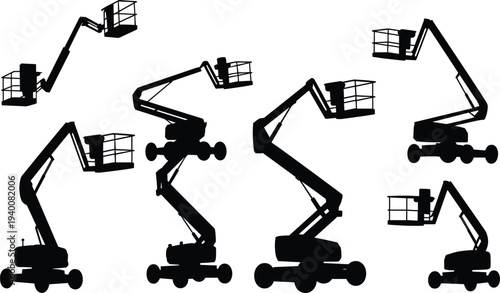 Minimalist boom lift illustration, construction equipment flat vector silhouette line drawing