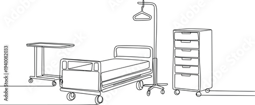 Minimalist black and white line drawing of hospital room interior with bed, IV stand, overbed table, and medical drawer unit, healthcare furniture illustration design