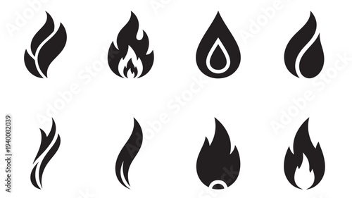 Flames stylized icons in black silhouette against a white background, representing heat and energy sources