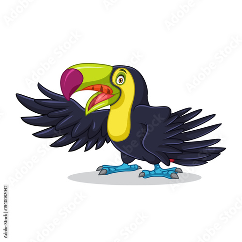 A cute of bird toucan is flapping its wings while smiling.