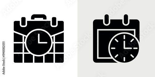 Black and white clock briefcase and calendar time management