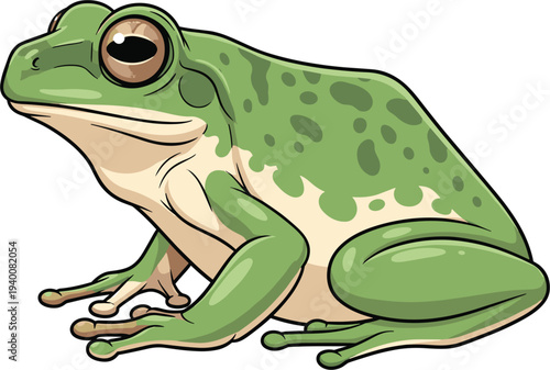 Green spotted frog vector illustration with large eyes and realistic skin texture isolated on white background for nature wildlife swamp and amphibian themed biological design projects