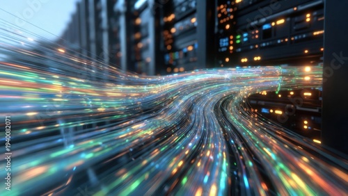 Fiber optic cables glow with vibrant, dynamic light