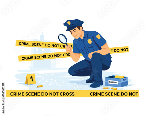 Police officer examining crime scene with magnifying glass and evidence markers