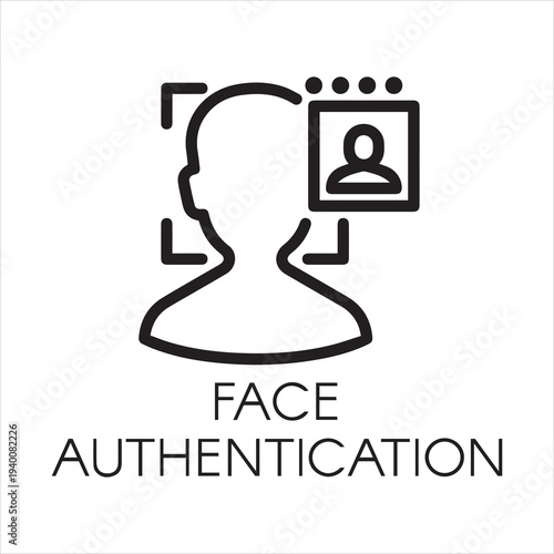Face authentication outline icon. Facial biometric identity. Silhouette of male head in recognition camera. Technology of human verification in modern devices. Security innovation system. Vector