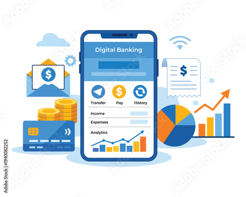 Digital banking with smartphone interface credit card coins and analytics