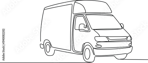 Minimalist delivery van line drawing, transport vehicle outline sketch flat vector