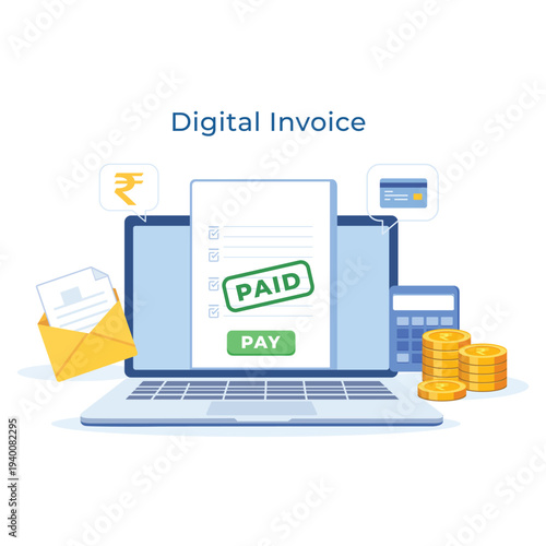 Digital invoice with laptop paid stamp coins credit card and calculator