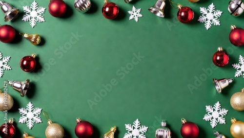 Red and gold ornaments frame a festive green border