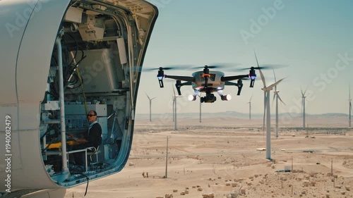Engineer Inspecting Wind Turbine Blade – Detailed Inspection and Maintenance of Renewable Energy Infrastructure in Desert Landscape