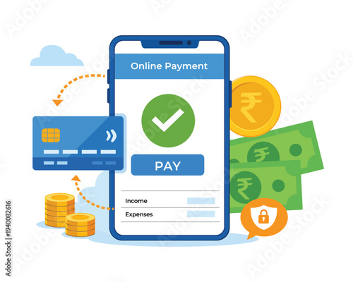Online payment with smartphone credit card rupee coins and security padlock