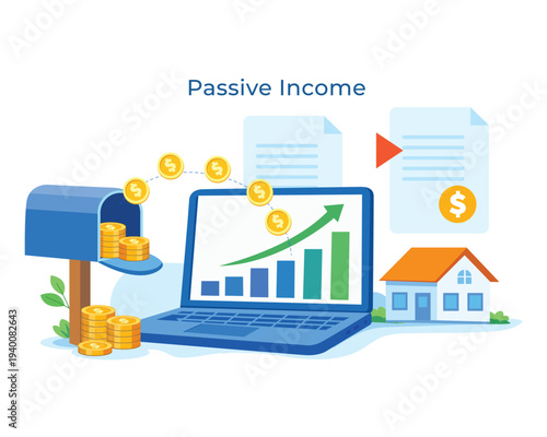 Passive income with laptop mailbox coins documents and house