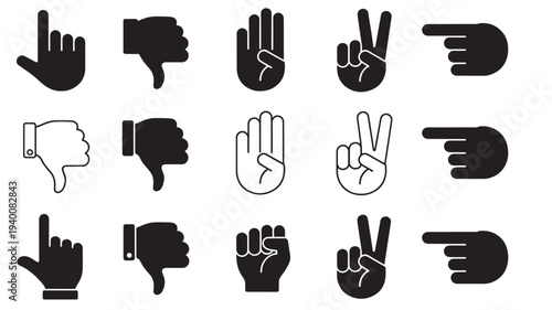 Hands gesture icons set with thumbs down, pointing finger, peace sign, and fist symbols in black and white outlines.
