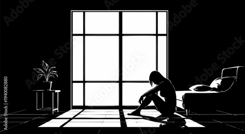 Silhouette of a lonely woman sitting on the floor in a dark room with light streaming through a large window, depicting sadness, depression, and solitude in a minimalist black and white vector