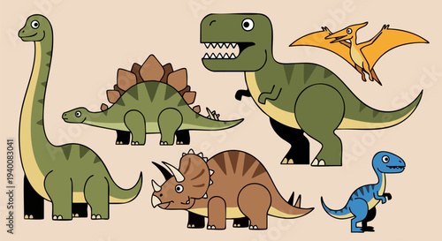 Set of 6 Cute Cartoon Dinosaur Vector Illustrations: Brontosaurus, Stegosaurus, T-Rex, Triceratops, Pterodactyl, and Velociraptor for Kids' Designs