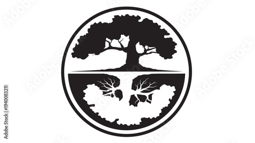 Tree icon showing both above and below ground elements with roots and branches creating a symmetrical design within an oval frame