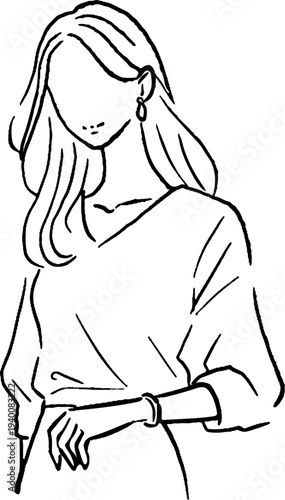 エレガントな雰囲気の女性の手描きイラスト　シンプルライン　白黒  ベクター