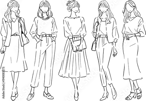 手描きの女性のイラストセット　ベクター　全身5パターン