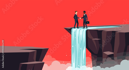 Businessmen Shaking Hands on Cliff Edge Risk Partnership Concept Vector Illustration