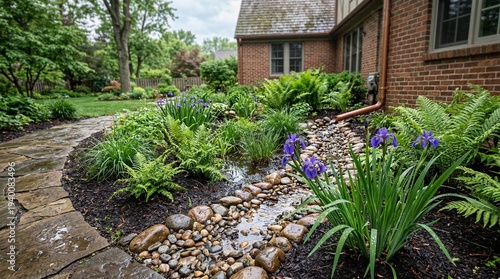 Sustainable backyard rain garden for passive rainwater harvesting and ground infiltration.