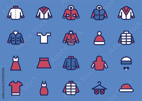 Twenty various clothing icons such as a red t-shirt and a white buttoned jacket are arranged in four rows on a blue backdrop.