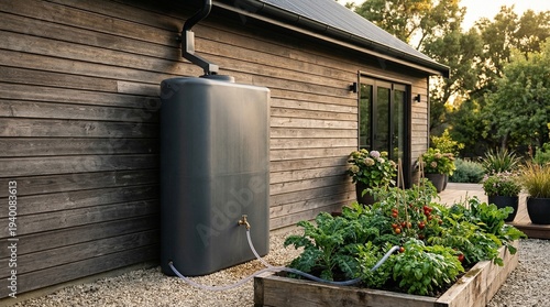 Modern slimline rainwater harvesting tank in a contemporary home garden at sunset.