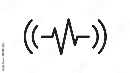 Signal wave icon with sound or radio broadcast symbol and pulsating lines representing sound waves, simple clean design.