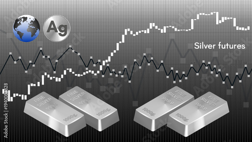 Vector economic banner. Silver futures. Global commodity price growth. 3D 1000 gram bars. Charts and graphs. Ingots Ag. Precious and technological metal