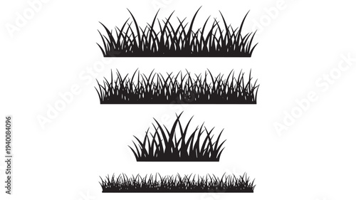 Grass blades silhouettes isolated on white background, representing different sizes and densities of vegetation for design elements.