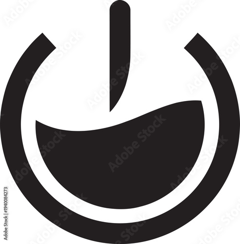 Minimalist power button icon combined with a laboratory flask containing liquid for science and science.